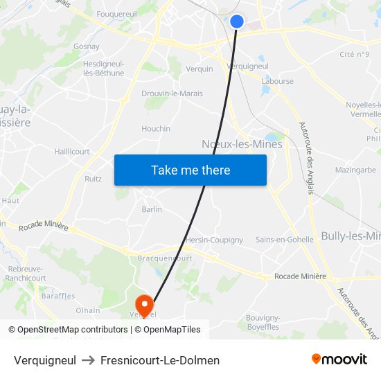 Verquigneul to Fresnicourt-Le-Dolmen map