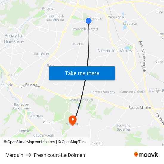 Verquin to Fresnicourt-Le-Dolmen map