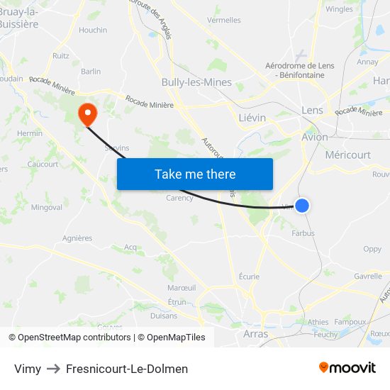 Vimy to Fresnicourt-Le-Dolmen map