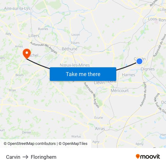 Carvin to Floringhem map