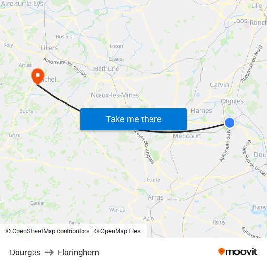 Dourges to Floringhem map