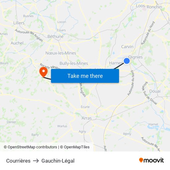 Courrières to Gauchin-Légal map