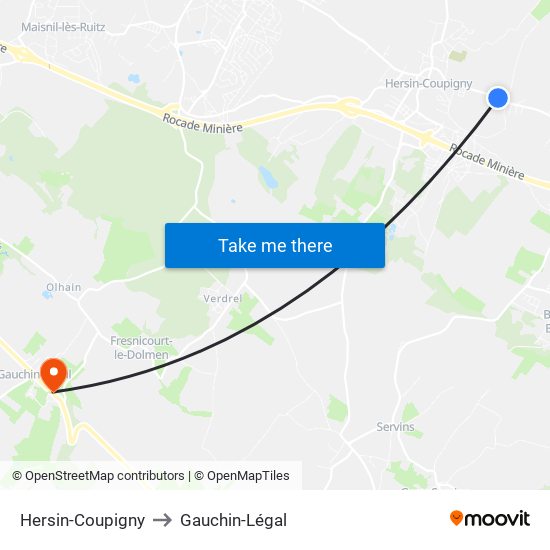Hersin-Coupigny to Gauchin-Légal map