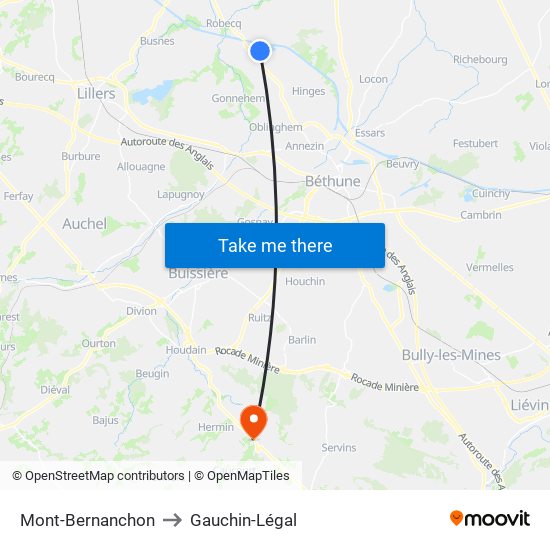 Mont-Bernanchon to Gauchin-Légal map