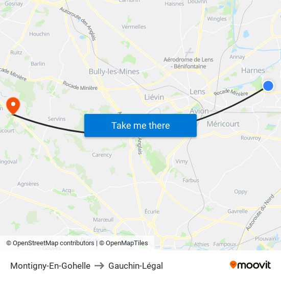 Montigny-En-Gohelle to Gauchin-Légal map