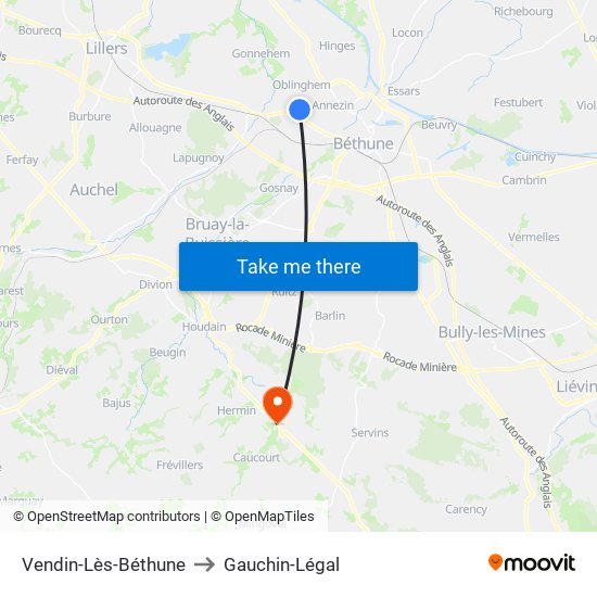Vendin-Lès-Béthune to Gauchin-Légal map