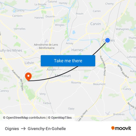 Oignies to Givenchy-En-Gohelle map