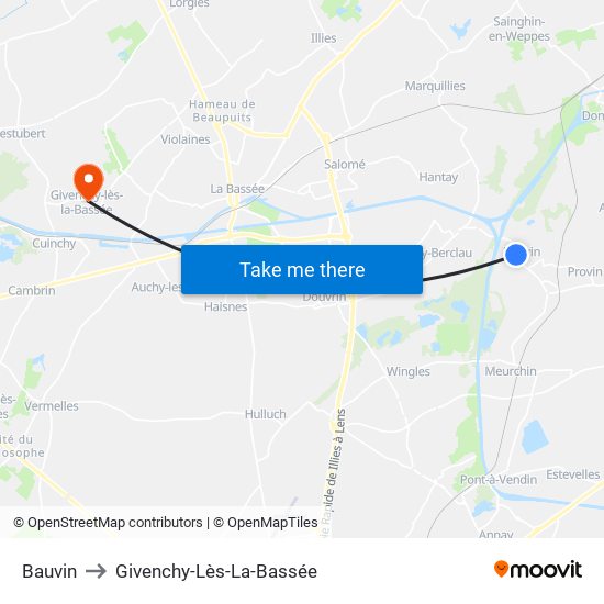 Bauvin to Givenchy-Lès-La-Bassée map