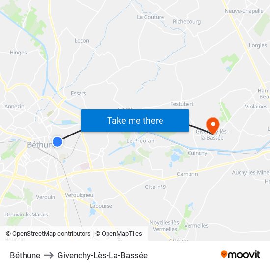 Béthune to Givenchy-Lès-La-Bassée map