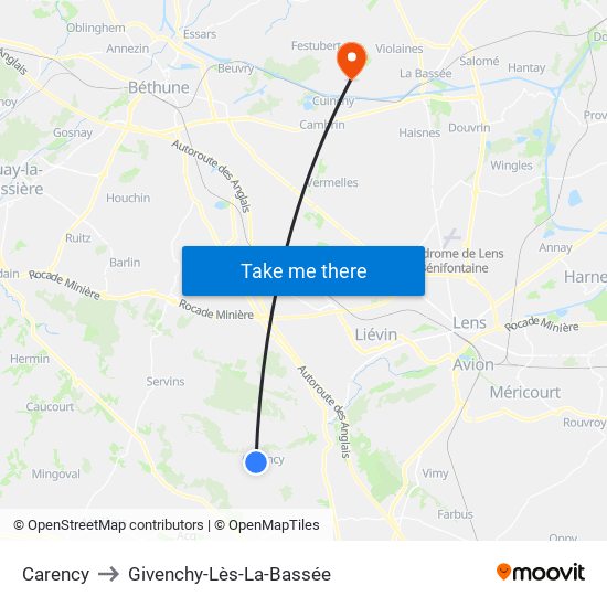 Carency to Givenchy-Lès-La-Bassée map