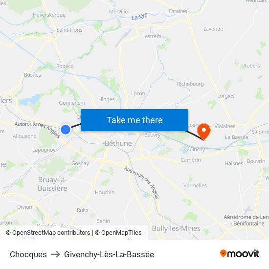 Chocques to Givenchy-Lès-La-Bassée map