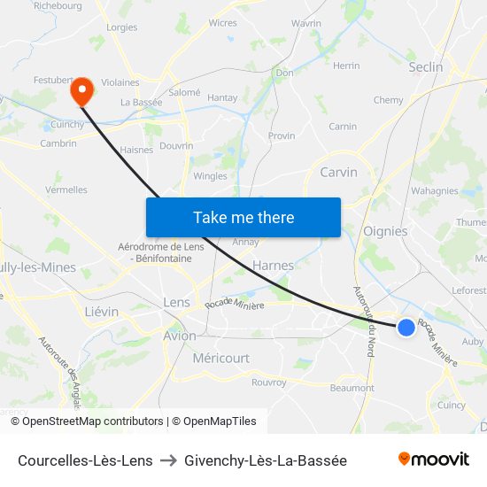 Courcelles-Lès-Lens to Givenchy-Lès-La-Bassée map