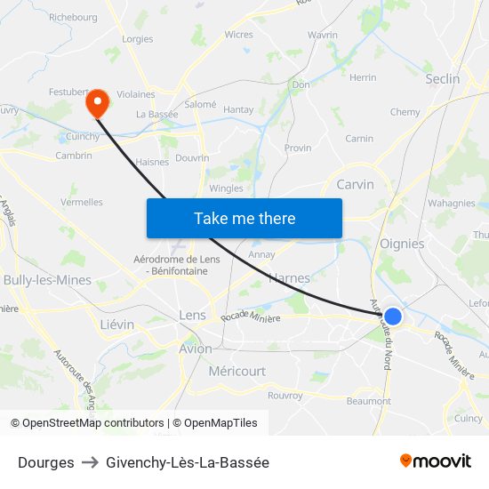 Dourges to Givenchy-Lès-La-Bassée map