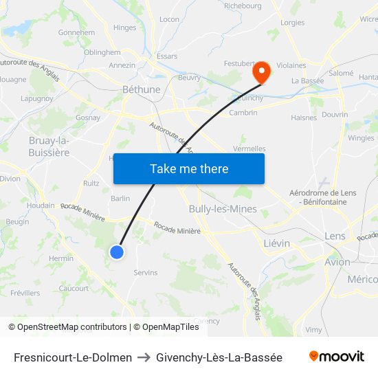 Fresnicourt-Le-Dolmen to Givenchy-Lès-La-Bassée map