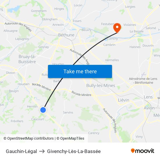 Gauchin-Légal to Givenchy-Lès-La-Bassée map