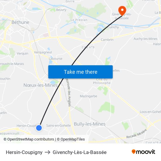 Hersin-Coupigny to Givenchy-Lès-La-Bassée map