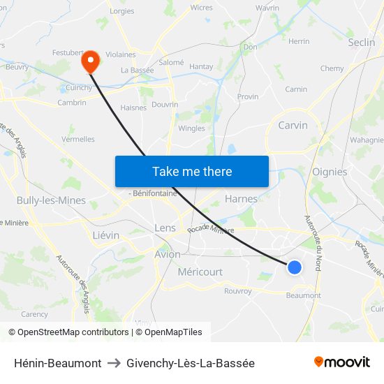 Hénin-Beaumont to Givenchy-Lès-La-Bassée map