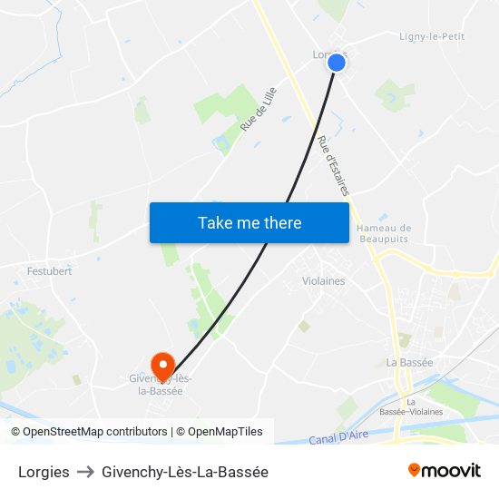 Lorgies to Givenchy-Lès-La-Bassée map