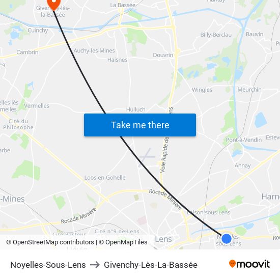 Noyelles-Sous-Lens to Givenchy-Lès-La-Bassée map