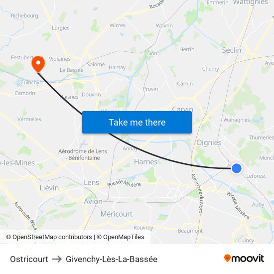 Ostricourt to Givenchy-Lès-La-Bassée map