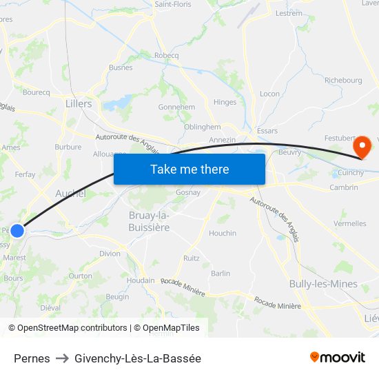 Pernes to Givenchy-Lès-La-Bassée map