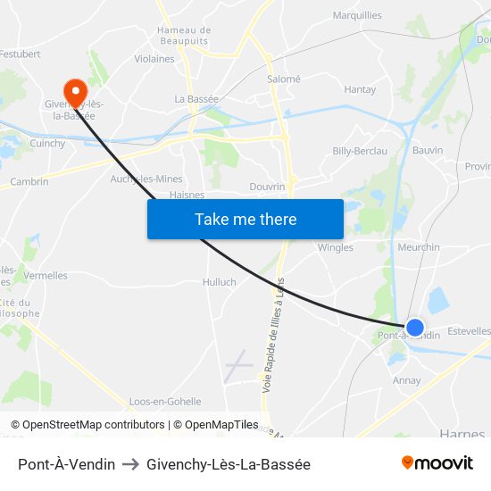 Pont-À-Vendin to Givenchy-Lès-La-Bassée map
