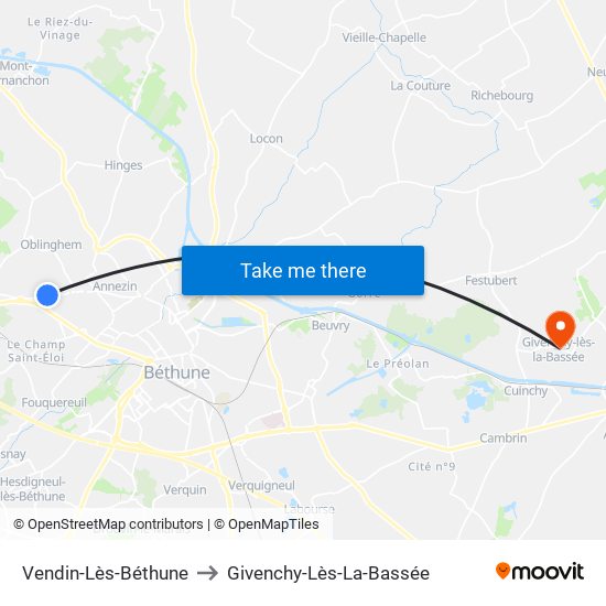 Vendin-Lès-Béthune to Givenchy-Lès-La-Bassée map