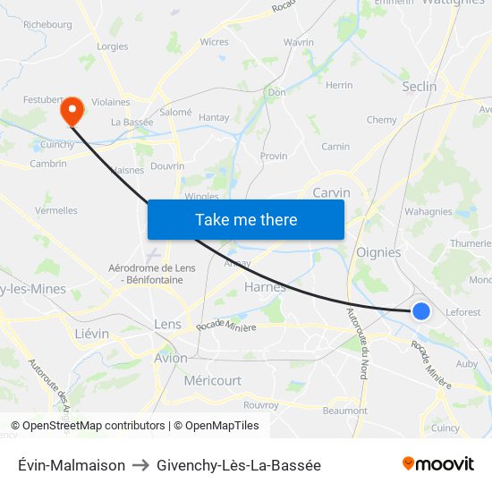 Évin-Malmaison to Givenchy-Lès-La-Bassée map