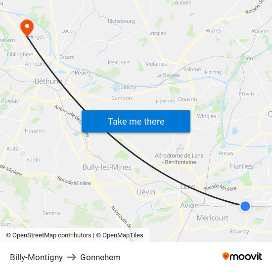 Billy-Montigny to Gonnehem map