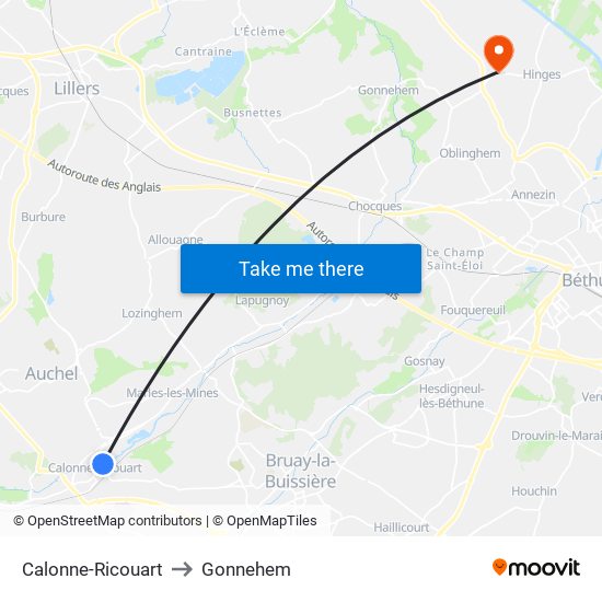 Calonne-Ricouart to Gonnehem map