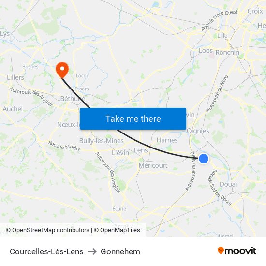Courcelles-Lès-Lens to Gonnehem map