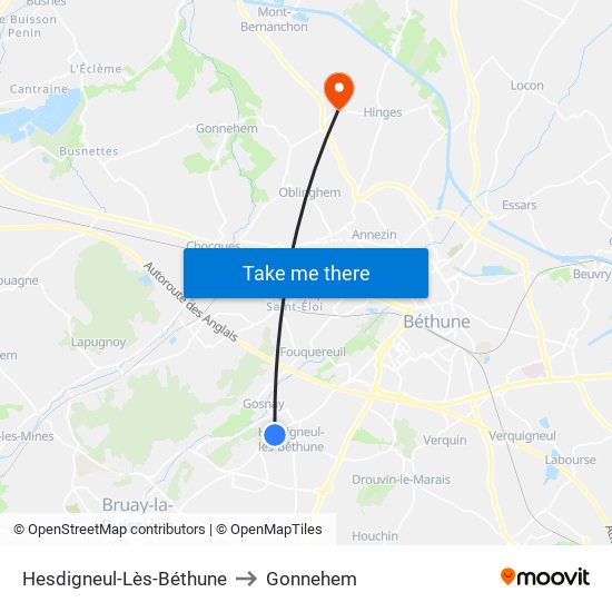 Hesdigneul-Lès-Béthune to Gonnehem map