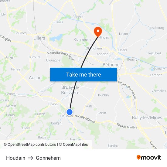 Houdain to Gonnehem map