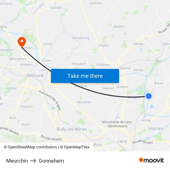 Meurchin to Gonnehem map