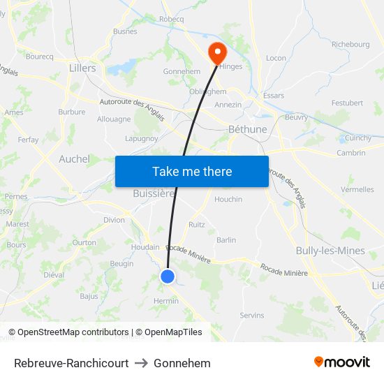 Rebreuve-Ranchicourt to Gonnehem map