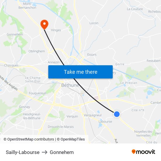 Sailly-Labourse to Gonnehem map