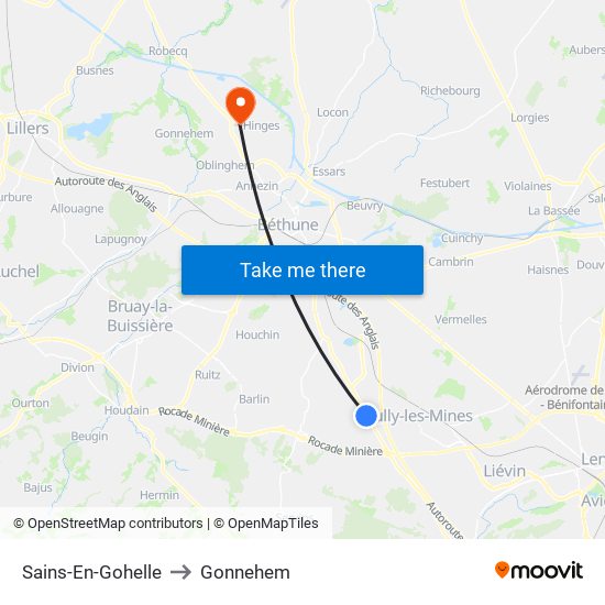 Sains-En-Gohelle to Gonnehem map