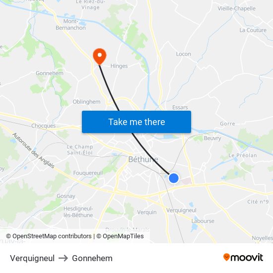 Verquigneul to Gonnehem map