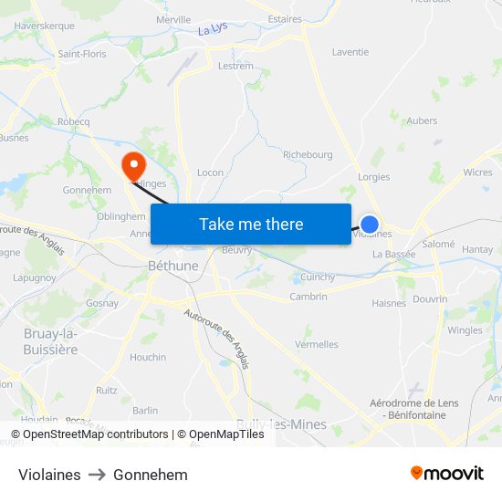 Violaines to Gonnehem map