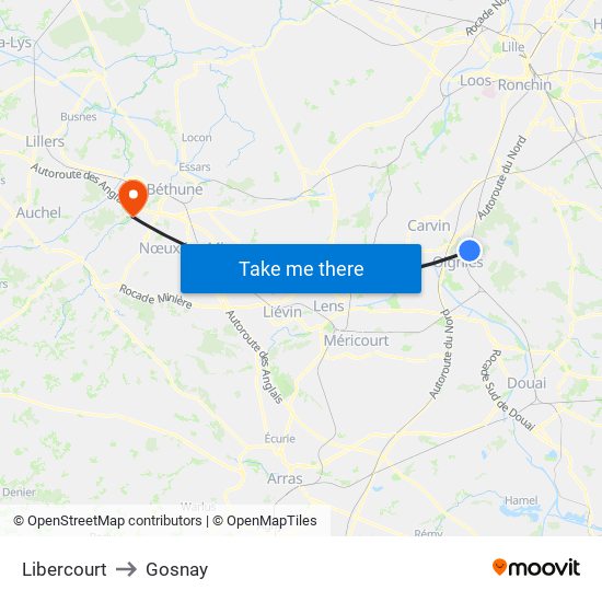 Libercourt to Gosnay map