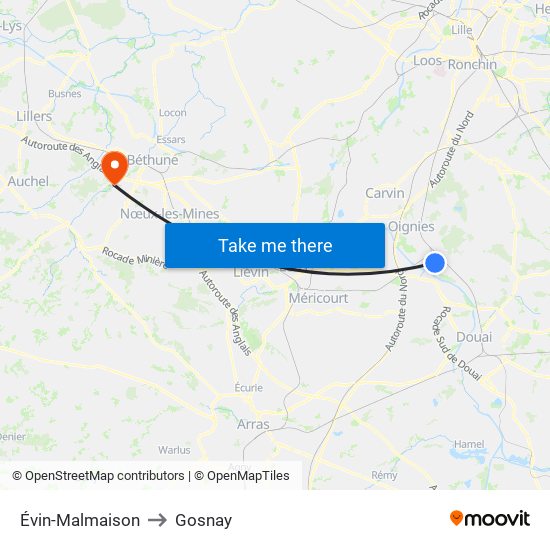 Évin-Malmaison to Gosnay map