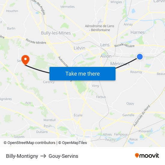 Billy-Montigny to Gouy-Servins map