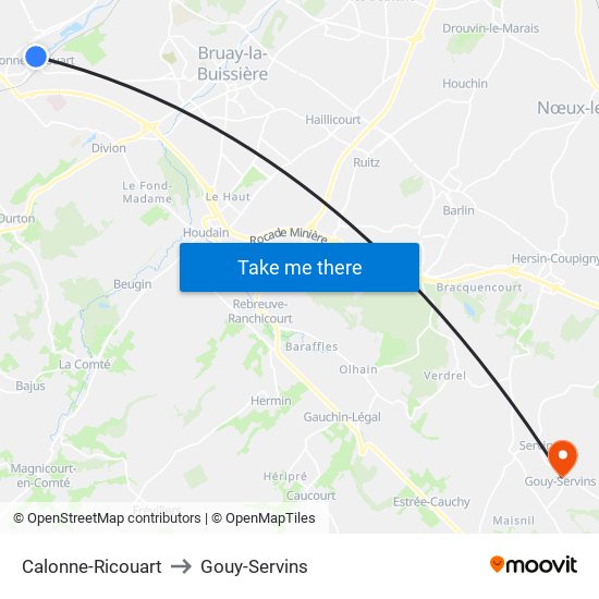 Calonne-Ricouart to Gouy-Servins map