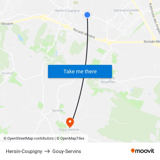 Hersin-Coupigny to Gouy-Servins map