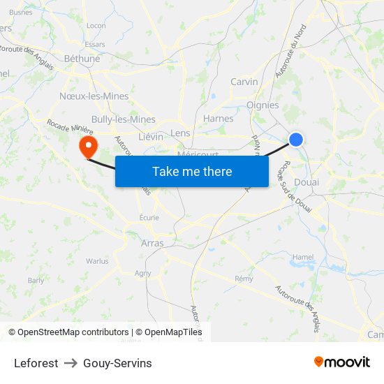 Leforest to Gouy-Servins map