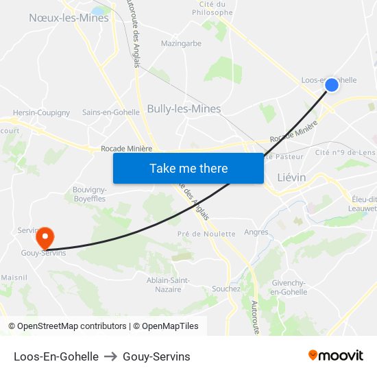 Loos-En-Gohelle to Gouy-Servins map