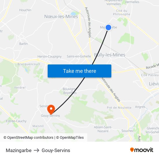 Mazingarbe to Gouy-Servins map