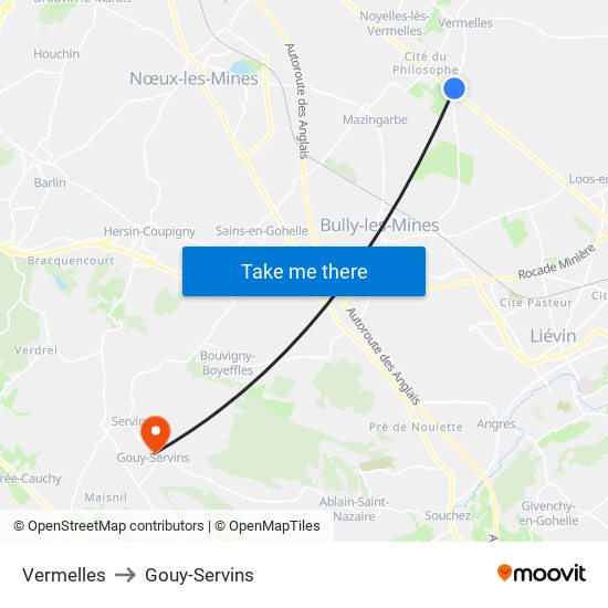 Vermelles to Gouy-Servins map