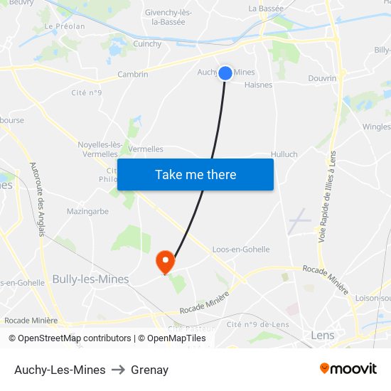 Auchy-Les-Mines to Grenay map