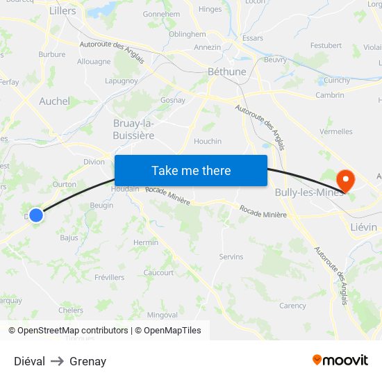 Diéval to Grenay map